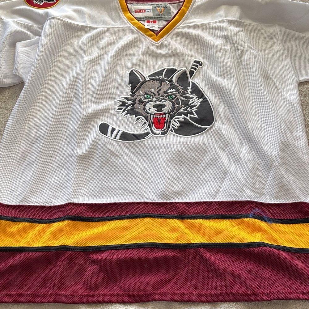 CCM Youth White and Maroon Hockey Jersey with Wolf Graphic